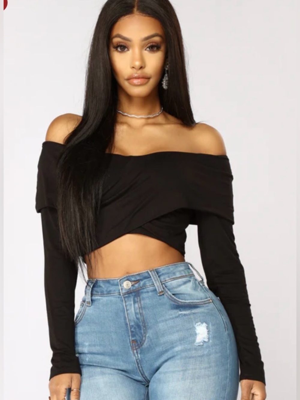 Off-Shoulder Black Long-Sleeve Twist Crop Top